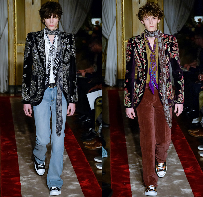 Roberto Cavalli 2016-2017 Fall Autumn Winter Mens Runway Catwalk Looks - Milano Moda Uomo Collezione Milan Fashion Week Italy - Denim Jeans 1970s Seventies Dragonflies Plants Flowers Floral Botanical Motif Decorative Art Embroidery Studs Scarf Sheer Chiffon Blouse Shirt Polka Dots Outerwear Blazer Dandelion Velvet Tiger Leopard Furry Leather Silk Stripes Snake Reptile Tuxedo Jacket Sleepwear Pajamas Lounge Turtleneck