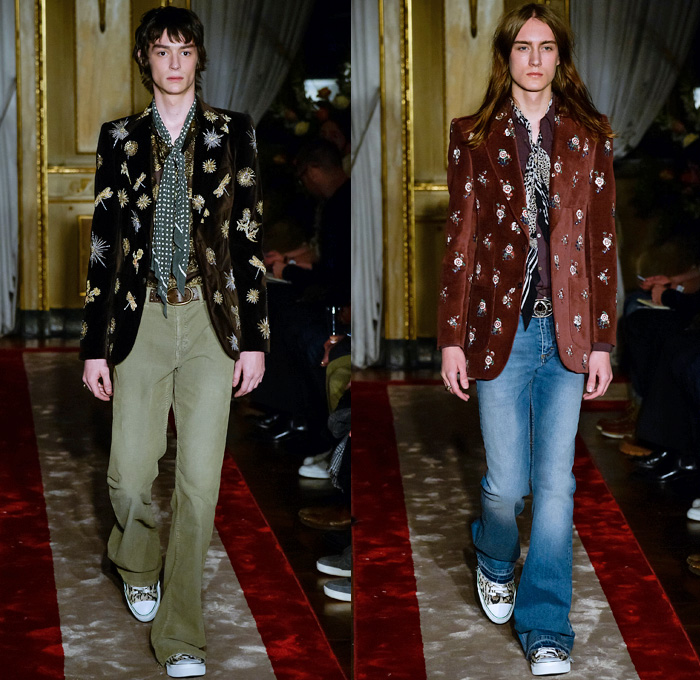 Roberto Cavalli 2016-2017 Fall Autumn Winter Mens Runway Catwalk Looks - Milano Moda Uomo Collezione Milan Fashion Week Italy - Denim Jeans 1970s Seventies Dragonflies Plants Flowers Floral Botanical Motif Decorative Art Embroidery Studs Scarf Sheer Chiffon Blouse Shirt Polka Dots Outerwear Blazer Dandelion Velvet Tiger Leopard Furry Leather Silk Stripes Snake Reptile Tuxedo Jacket Sleepwear Pajamas Lounge Turtleneck