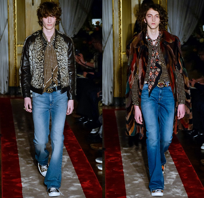 Roberto Cavalli 2016-2017 Fall Autumn Winter Mens Runway Catwalk Looks - Milano Moda Uomo Collezione Milan Fashion Week Italy - Denim Jeans 1970s Seventies Dragonflies Plants Flowers Floral Botanical Motif Decorative Art Embroidery Studs Scarf Sheer Chiffon Blouse Shirt Polka Dots Outerwear Blazer Dandelion Velvet Tiger Leopard Furry Leather Silk Stripes Snake Reptile Tuxedo Jacket Sleepwear Pajamas Lounge Turtleneck