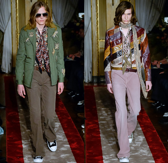 Roberto Cavalli 2016-2017 Fall Autumn Winter Mens Runway Catwalk Looks - Milano Moda Uomo Collezione Milan Fashion Week Italy - Denim Jeans 1970s Seventies Dragonflies Plants Flowers Floral Botanical Motif Decorative Art Embroidery Studs Scarf Sheer Chiffon Blouse Shirt Polka Dots Outerwear Blazer Dandelion Velvet Tiger Leopard Furry Leather Silk Stripes Snake Reptile Tuxedo Jacket Sleepwear Pajamas Lounge Turtleneck