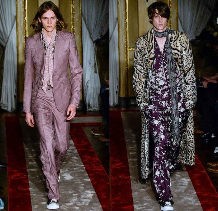 Roberto Cavalli 2016-2017 Fall Autumn Winter Mens Runway Catwalk Looks - Milano Moda Uomo Collezione Milan Fashion Week Italy - Denim Jeans 1970s Seventies Dragonflies Plants Flowers Floral Botanical Motif Decorative Art Embroidery Studs Scarf Sheer Chiffon Blouse Shirt Polka Dots Outerwear Blazer Dandelion Velvet Tiger Leopard Furry Leather Silk Stripes Snake Reptile Tuxedo Jacket Sleepwear Pajamas Lounge Turtleneck