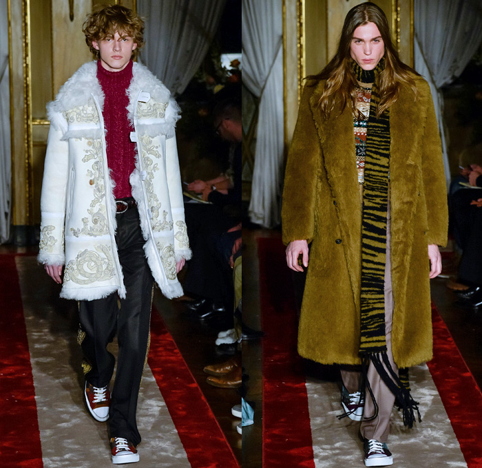 Roberto Cavalli 2016-2017 Fall Autumn Winter Mens Runway Catwalk Looks - Milano Moda Uomo Collezione Milan Fashion Week Italy - Denim Jeans 1970s Seventies Dragonflies Plants Flowers Floral Botanical Motif Decorative Art Embroidery Studs Scarf Sheer Chiffon Blouse Shirt Polka Dots Outerwear Blazer Dandelion Velvet Tiger Leopard Furry Leather Silk Stripes Snake Reptile Tuxedo Jacket Sleepwear Pajamas Lounge Turtleneck