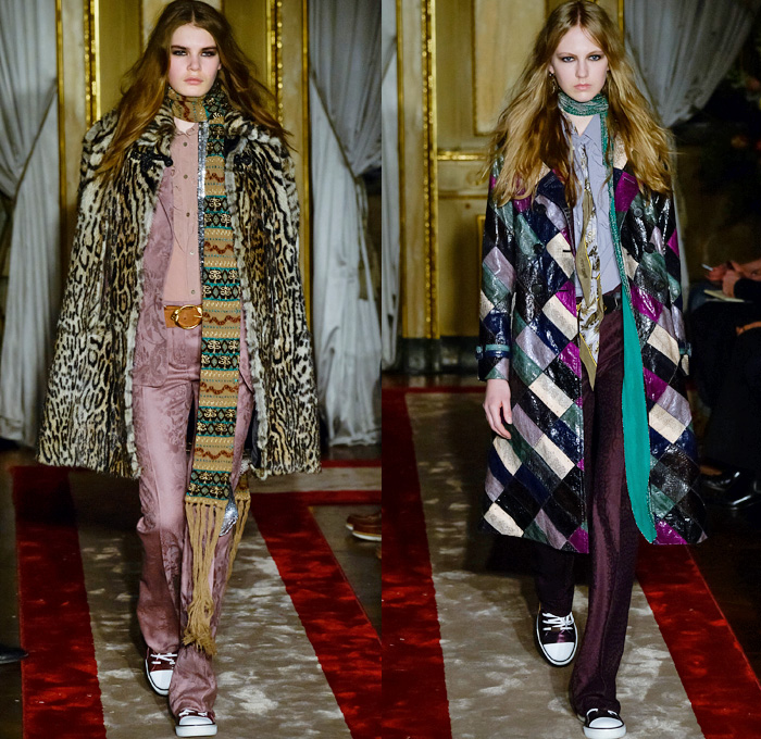 Roberto Cavalli 2016-2017 Fall Autumn Winter Womens Runway Catwalk Looks - Milano Moda Uomo Collezione Milan Fashion Week Italy - 1970s Seventies Furry Outerwear Coat Sneakers Blouse Long Sleeve Shirt Pantsuit Blazer Jacket Snake Reptile Python Check Silk Velvet Embroidery Embellishments Adornments Bedazzled Metallic Sheer Chiffon Lace Sequins Maxi Dress Gown Eveningwear Ruffles Tiered Bohemian Sleepwear Pajamas Loungewear