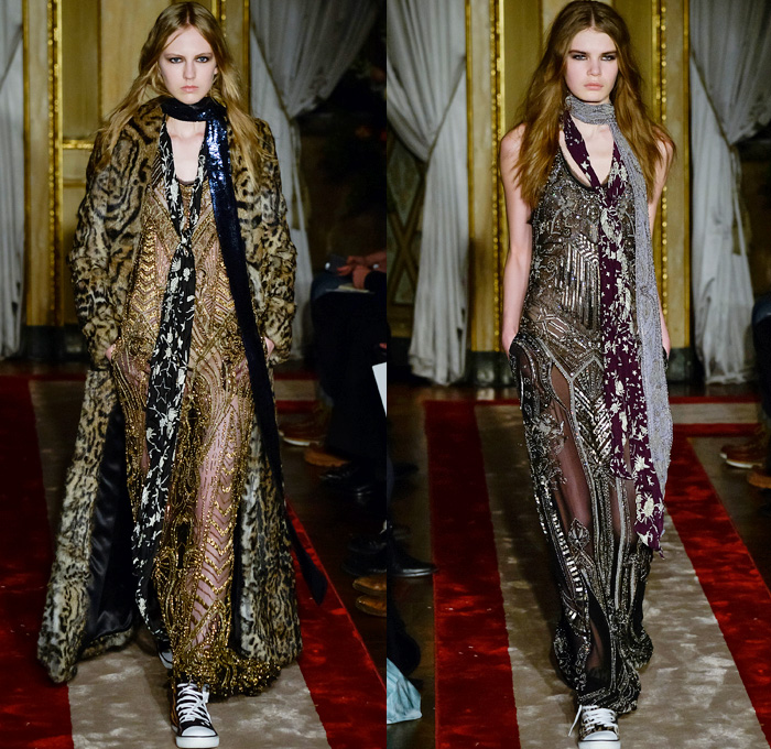 Roberto Cavalli 2016-2017 Fall Autumn Winter Womens Runway Catwalk Looks - Milano Moda Uomo Collezione Milan Fashion Week Italy - 1970s Seventies Furry Outerwear Coat Sneakers Blouse Long Sleeve Shirt Pantsuit Blazer Jacket Snake Reptile Python Check Silk Velvet Embroidery Embellishments Adornments Bedazzled Metallic Sheer Chiffon Lace Sequins Maxi Dress Gown Eveningwear Ruffles Tiered Bohemian Sleepwear Pajamas Loungewear