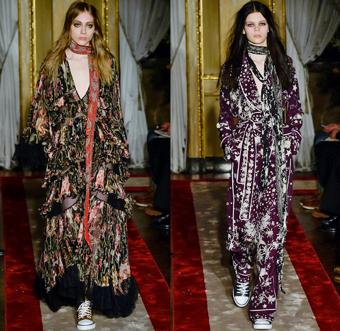 Roberto Cavalli 2016-2017 Fall Autumn Winter Womens Runway Catwalk Looks - Milano Moda Uomo Collezione Milan Fashion Week Italy - 1970s Seventies Furry Outerwear Coat Sneakers Blouse Long Sleeve Shirt Pantsuit Blazer Jacket Snake Reptile Python Check Silk Velvet Embroidery Embellishments Adornments Bedazzled Metallic Sheer Chiffon Lace Sequins Maxi Dress Gown Eveningwear Ruffles Tiered Bohemian Sleepwear Pajamas Loungewear