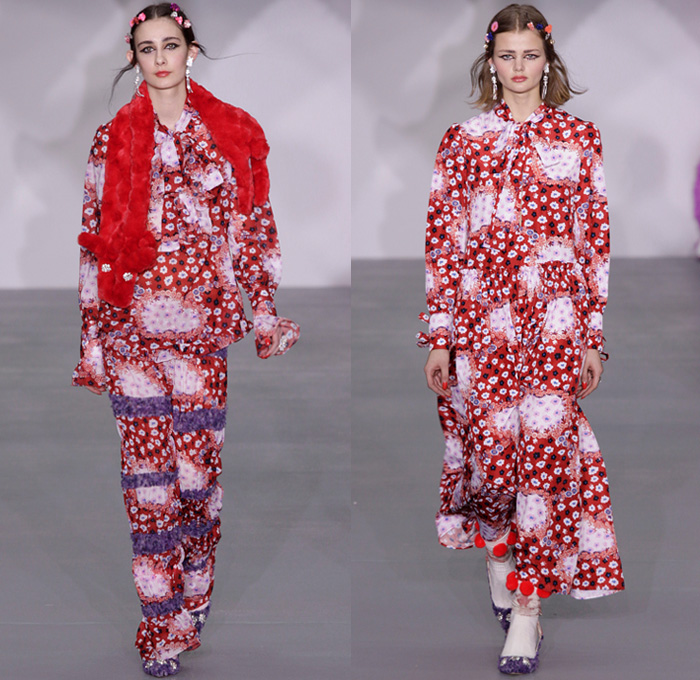 Ryan Lo 2016-2017 Fall Autumn Winter Womens Runway Catwalk Collection Looks - London Fashion Week - British Fashion Council UK United Kingdom - Silk Satin Flowers Floral Blossom Felt Wool Maxi Dress Chunky Knit Sheer Chiffon Lace Ruffles Pants Trousers Coat Jacket Pompoms Furry Plush Embroidery Bedazzled Jewels Quilted Puffer Skirt Frock Pussycat Bow Cardigan Dog Sheep Butterfly Tiger Cow Lungs Glands Teats