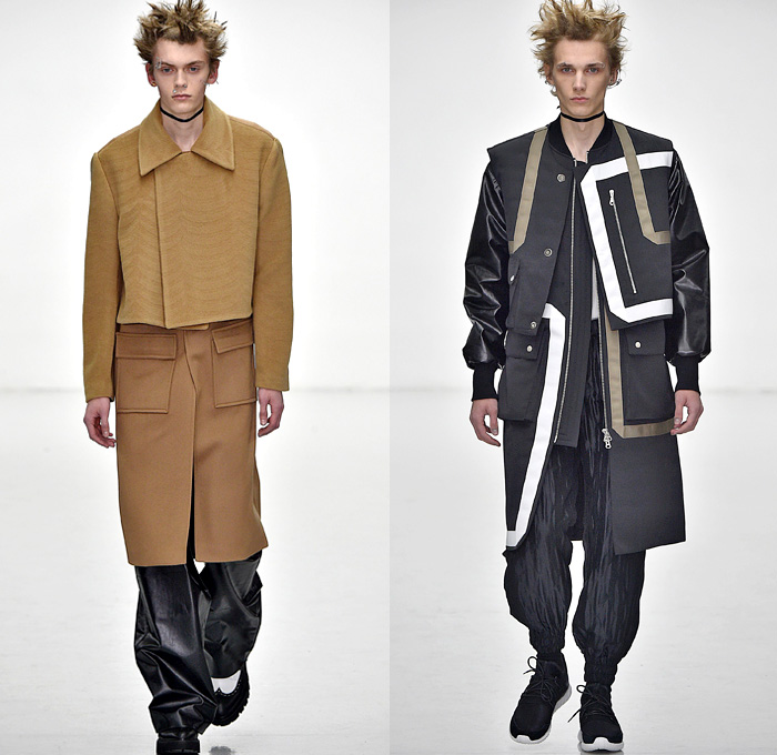 Sean Suen Presented By GQ China 2016-2017 Fall Autumn Winter Mens Runway Catwalk Looks - London Collections: Men British Fashion Council UK United Kingdom - Oversized Oterwear Trench Coat Furry Shaggy Bomber Jacket Cargo Utility Pockets Silk Satin Copper Moto Motorcycle Biker Pants Plaid Tartan Wool Fleece Capelet Slouchy Baggy Lines Blazer Suit Wrinkled Gold Buttons Turtleneck Zipper