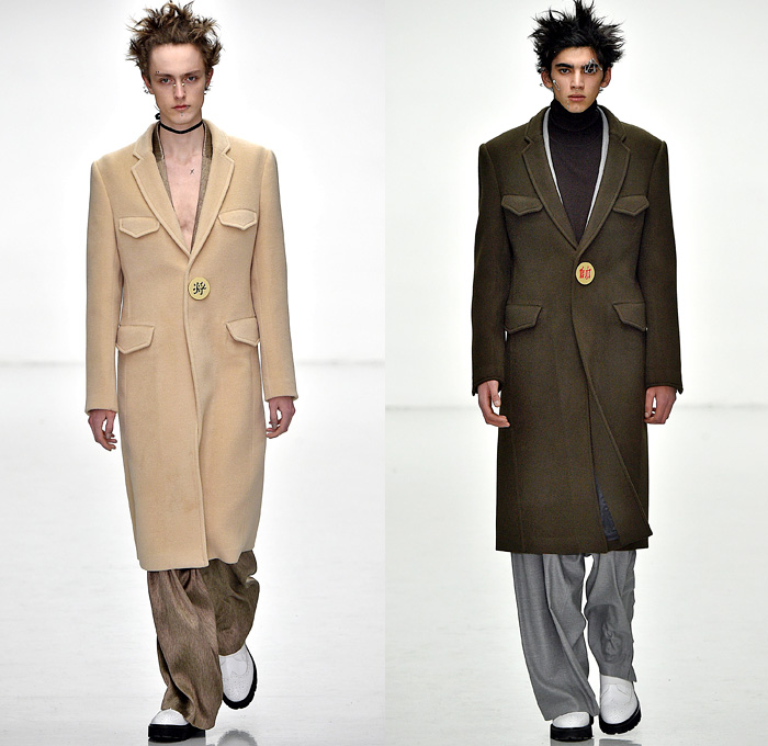 Sean Suen Presented By GQ China 2016-2017 Fall Autumn Winter Mens Runway Catwalk Looks - London Collections: Men British Fashion Council UK United Kingdom - Oversized Oterwear Trench Coat Furry Shaggy Bomber Jacket Cargo Utility Pockets Silk Satin Copper Moto Motorcycle Biker Pants Plaid Tartan Wool Fleece Capelet Slouchy Baggy Lines Blazer Suit Wrinkled Gold Buttons Turtleneck Zipper