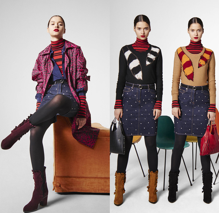 Sonia By Sonia Rykiel 2016-2017 Fall Autumn Winter Womens Lookbook Presentation - Rhinestones Bedazzled Jewels Denim Jeans Stripes Turtleneck Leopard Love Flowers Floral Daisies Chunky Knit Sweater Jumper Leggings Stockings Tights Boots Ferret Outerwear Coat Furry Shaggy Blouse Tunic Dress Cargo Pockets Jogger Heart Pants Trousers Miniskirt Frock Lace Handbag