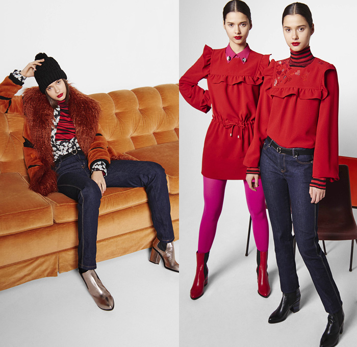 Sonia By Sonia Rykiel 2016-2017 Fall Autumn Winter Womens Lookbook Presentation - Rhinestones Bedazzled Jewels Denim Jeans Stripes Turtleneck Leopard Love Flowers Floral Daisies Chunky Knit Sweater Jumper Leggings Stockings Tights Boots Ferret Outerwear Coat Furry Shaggy Blouse Tunic Dress Cargo Pockets Jogger Heart Pants Trousers Miniskirt Frock Lace Handbag