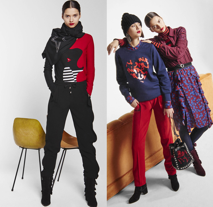 Sonia By Sonia Rykiel 2016-2017 Fall Autumn Winter Womens Lookbook Presentation - Rhinestones Bedazzled Jewels Denim Jeans Stripes Turtleneck Leopard Love Flowers Floral Daisies Chunky Knit Sweater Jumper Leggings Stockings Tights Boots Ferret Outerwear Coat Furry Shaggy Blouse Tunic Dress Cargo Pockets Jogger Heart Pants Trousers Miniskirt Frock Lace Handbag