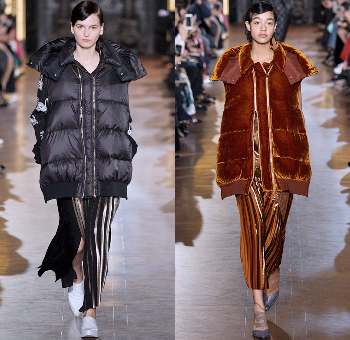 Stella McCartney 2016-2017 Fall Autumn Winter Womens Runway Catwalk Collection Looks - Paris Fashion Week Mode à Paris France - Denim Jeans Outerwear Coat Quilted Puffer Down Bomber Jacket Sweaterdress Shirtdress Accordion Pleats Sheer Lace Maxi Dress Gown Eveningwear Drawstring Lace Up Skirt Frock Wide Leg Trousers Palazzo Pants Vest Waistcoat Metallic Animal Bird Swan Velvet Blazer Pantsuit Turtleneck Bag Purse Clutch