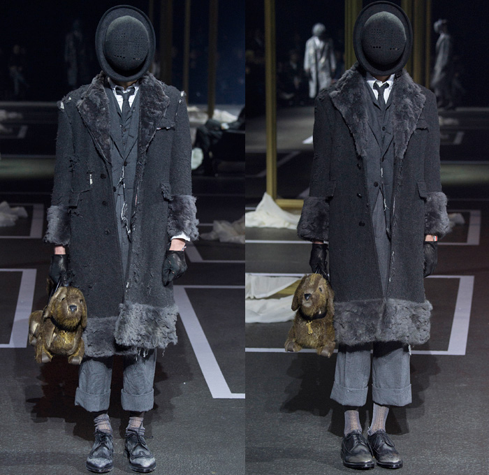 Thom Browne 2016-2017 Fall Autumn Winter Mens Runway Catwalk Looks - Mode à Paris Fashion Week Mode Masculine France - 1920s Twenties Gentlemens Club Outerwear Trench Coat Overcoat Bowler Hat Derby Felt Necktie Cropped Pants Trousers Furry Plush Quilted Frayed Raw Hem Tattered Threads Double-Breasted Plaid Tartan Check Patchwork Tweed Knit Weave Three-Piece Suit Blazer Dog Bag René Magritte Charlie Chaplin Gloves Luggage