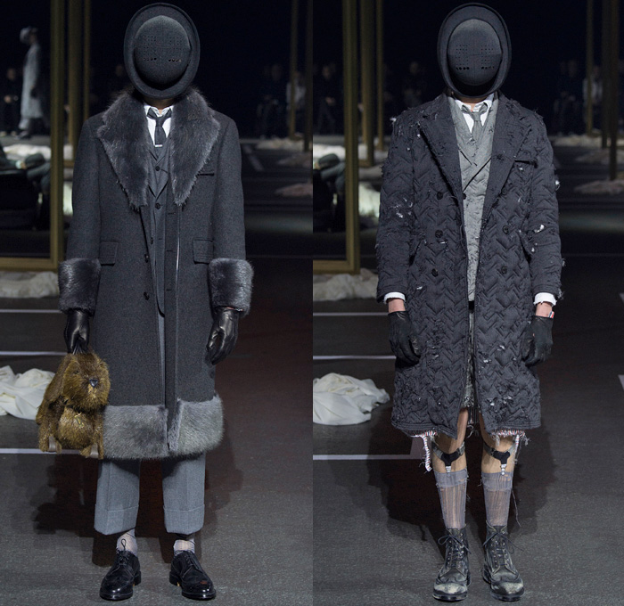 Thom Browne 2016-2017 Fall Autumn Winter Mens Runway Catwalk Looks - Mode à Paris Fashion Week Mode Masculine France - 1920s Twenties Gentlemens Club Outerwear Trench Coat Overcoat Bowler Hat Derby Felt Necktie Cropped Pants Trousers Furry Plush Quilted Frayed Raw Hem Tattered Threads Double-Breasted Plaid Tartan Check Patchwork Tweed Knit Weave Three-Piece Suit Blazer Dog Bag René Magritte Charlie Chaplin Gloves Luggage