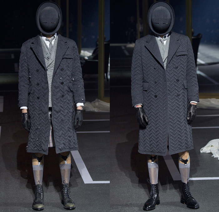 Thom Browne 2016-2017 Fall Autumn Winter Mens Runway Catwalk Looks - Mode à Paris Fashion Week Mode Masculine France - 1920s Twenties Gentlemens Club Outerwear Trench Coat Overcoat Bowler Hat Derby Felt Necktie Cropped Pants Trousers Furry Plush Quilted Frayed Raw Hem Tattered Threads Double-Breasted Plaid Tartan Check Patchwork Tweed Knit Weave Three-Piece Suit Blazer Dog Bag René Magritte Charlie Chaplin Gloves Luggage