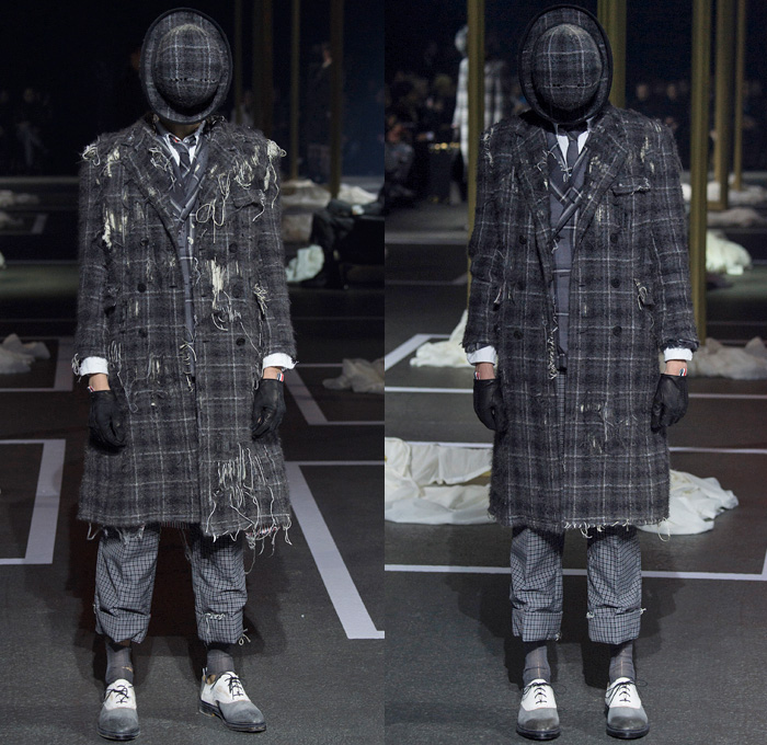 Thom Browne 2016-2017 Fall Autumn Winter Mens Runway Catwalk Looks - Mode à Paris Fashion Week Mode Masculine France - 1920s Twenties Gentlemens Club Outerwear Trench Coat Overcoat Bowler Hat Derby Felt Necktie Cropped Pants Trousers Furry Plush Quilted Frayed Raw Hem Tattered Threads Double-Breasted Plaid Tartan Check Patchwork Tweed Knit Weave Three-Piece Suit Blazer Dog Bag René Magritte Charlie Chaplin Gloves Luggage