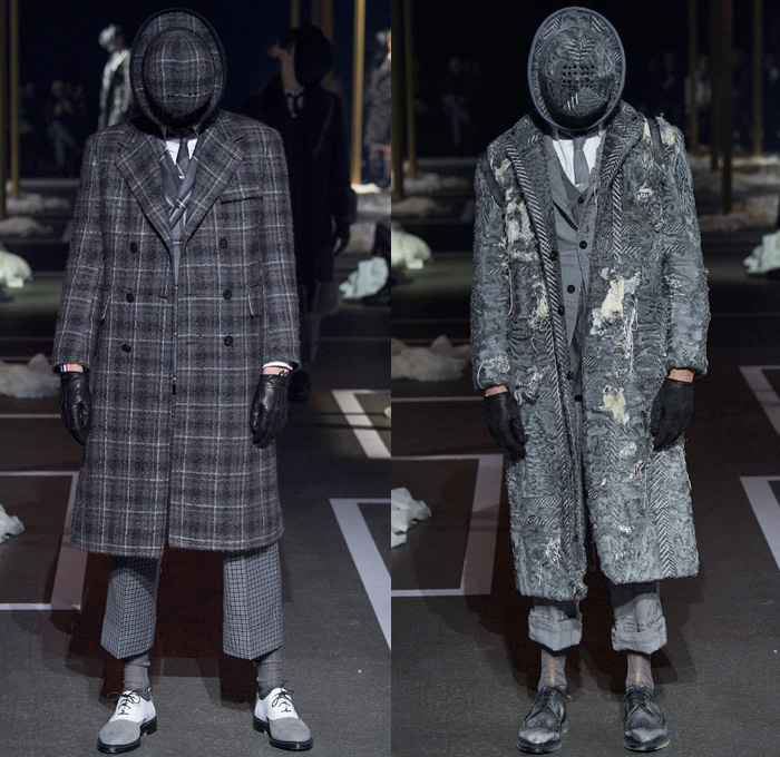 Thom Browne 2016-2017 Fall Autumn Winter Mens Runway Catwalk Looks - Mode à Paris Fashion Week Mode Masculine France - 1920s Twenties Gentlemens Club Outerwear Trench Coat Overcoat Bowler Hat Derby Felt Necktie Cropped Pants Trousers Furry Plush Quilted Frayed Raw Hem Tattered Threads Double-Breasted Plaid Tartan Check Patchwork Tweed Knit Weave Three-Piece Suit Blazer Dog Bag René Magritte Charlie Chaplin Gloves Luggage