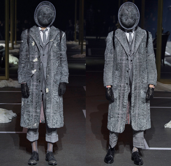 Thom Browne 2016-2017 Fall Autumn Winter Mens Runway Catwalk Looks - Mode à Paris Fashion Week Mode Masculine France - 1920s Twenties Gentlemens Club Outerwear Trench Coat Overcoat Bowler Hat Derby Felt Necktie Cropped Pants Trousers Furry Plush Quilted Frayed Raw Hem Tattered Threads Double-Breasted Plaid Tartan Check Patchwork Tweed Knit Weave Three-Piece Suit Blazer Dog Bag René Magritte Charlie Chaplin Gloves Luggage