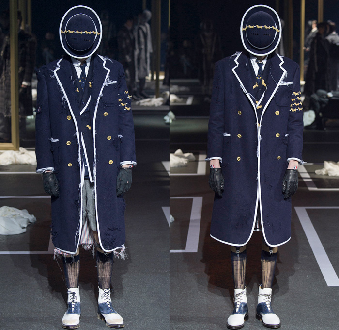 Thom Browne 2016-2017 Fall Autumn Winter Mens Runway Catwalk Looks - Mode à Paris Fashion Week Mode Masculine France - 1920s Twenties Gentlemens Club Outerwear Trench Coat Overcoat Bowler Hat Derby Felt Necktie Cropped Pants Trousers Furry Plush Quilted Frayed Raw Hem Tattered Threads Double-Breasted Plaid Tartan Check Patchwork Tweed Knit Weave Three-Piece Suit Blazer Dog Bag René Magritte Charlie Chaplin Gloves Luggage