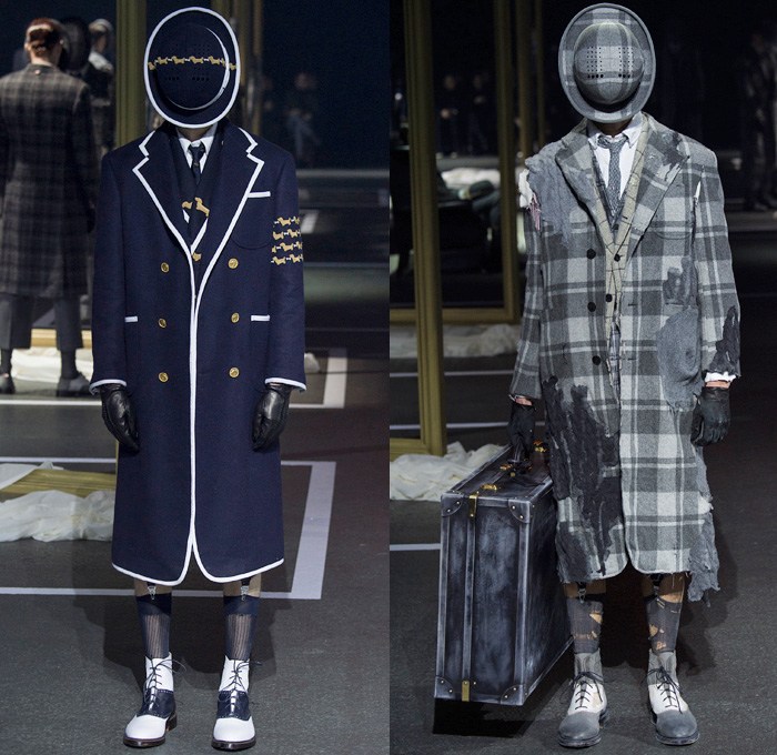 Thom Browne 2016-2017 Fall Autumn Winter Mens Runway Catwalk Looks - Mode à Paris Fashion Week Mode Masculine France - 1920s Twenties Gentlemens Club Outerwear Trench Coat Overcoat Bowler Hat Derby Felt Necktie Cropped Pants Trousers Furry Plush Quilted Frayed Raw Hem Tattered Threads Double-Breasted Plaid Tartan Check Patchwork Tweed Knit Weave Three-Piece Suit Blazer Dog Bag René Magritte Charlie Chaplin Gloves Luggage