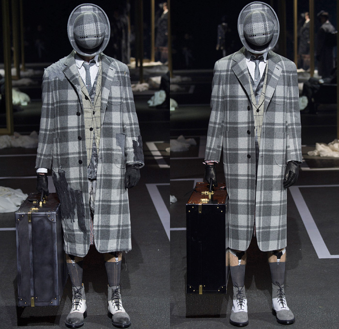 Thom Browne 2016-2017 Fall Autumn Winter Mens Runway Catwalk Looks - Mode à Paris Fashion Week Mode Masculine France - 1920s Twenties Gentlemens Club Outerwear Trench Coat Overcoat Bowler Hat Derby Felt Necktie Cropped Pants Trousers Furry Plush Quilted Frayed Raw Hem Tattered Threads Double-Breasted Plaid Tartan Check Patchwork Tweed Knit Weave Three-Piece Suit Blazer Dog Bag René Magritte Charlie Chaplin Gloves Luggage