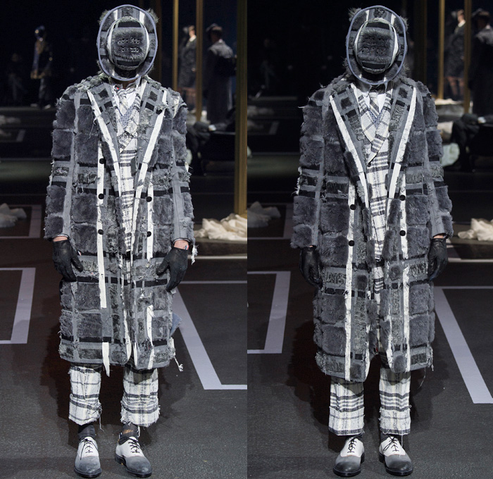 Thom Browne 2016-2017 Fall Autumn Winter Mens Runway Catwalk Looks - Mode à Paris Fashion Week Mode Masculine France - 1920s Twenties Gentlemens Club Outerwear Trench Coat Overcoat Bowler Hat Derby Felt Necktie Cropped Pants Trousers Furry Plush Quilted Frayed Raw Hem Tattered Threads Double-Breasted Plaid Tartan Check Patchwork Tweed Knit Weave Three-Piece Suit Blazer Dog Bag René Magritte Charlie Chaplin Gloves Luggage