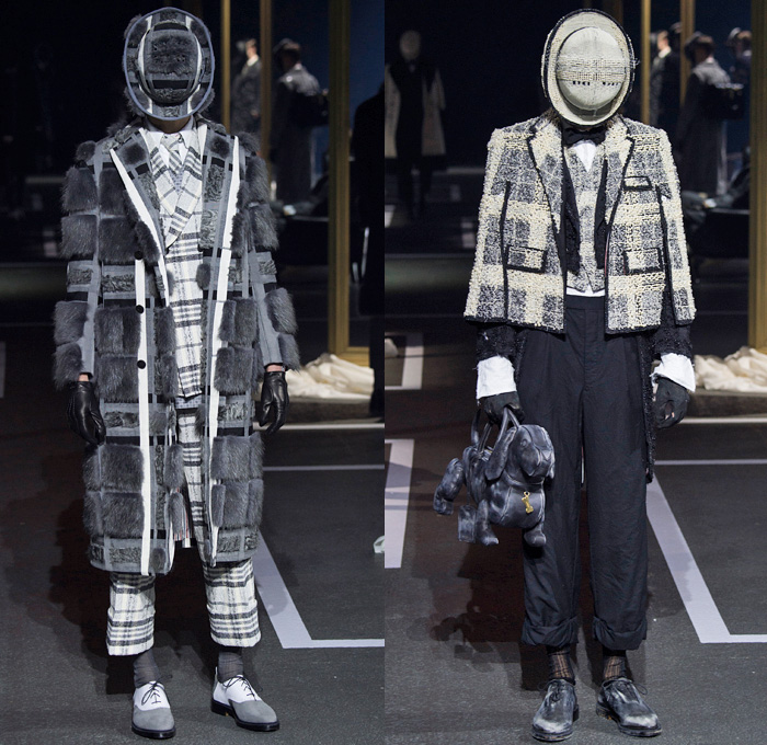 Thom Browne 2016-2017 Fall Autumn Winter Mens Runway Catwalk Looks - Mode à Paris Fashion Week Mode Masculine France - 1920s Twenties Gentlemens Club Outerwear Trench Coat Overcoat Bowler Hat Derby Felt Necktie Cropped Pants Trousers Furry Plush Quilted Frayed Raw Hem Tattered Threads Double-Breasted Plaid Tartan Check Patchwork Tweed Knit Weave Three-Piece Suit Blazer Dog Bag René Magritte Charlie Chaplin Gloves Luggage