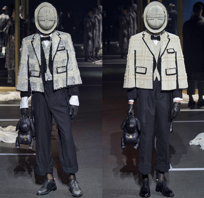 Thom Browne 2016-2017 Fall Autumn Winter Mens Runway Catwalk Looks - Mode à Paris Fashion Week Mode Masculine France - 1920s Twenties Gentlemens Club Outerwear Trench Coat Overcoat Bowler Hat Derby Felt Necktie Cropped Pants Trousers Furry Plush Quilted Frayed Raw Hem Tattered Threads Double-Breasted Plaid Tartan Check Patchwork Tweed Knit Weave Three-Piece Suit Blazer Dog Bag René Magritte Charlie Chaplin Gloves Luggage