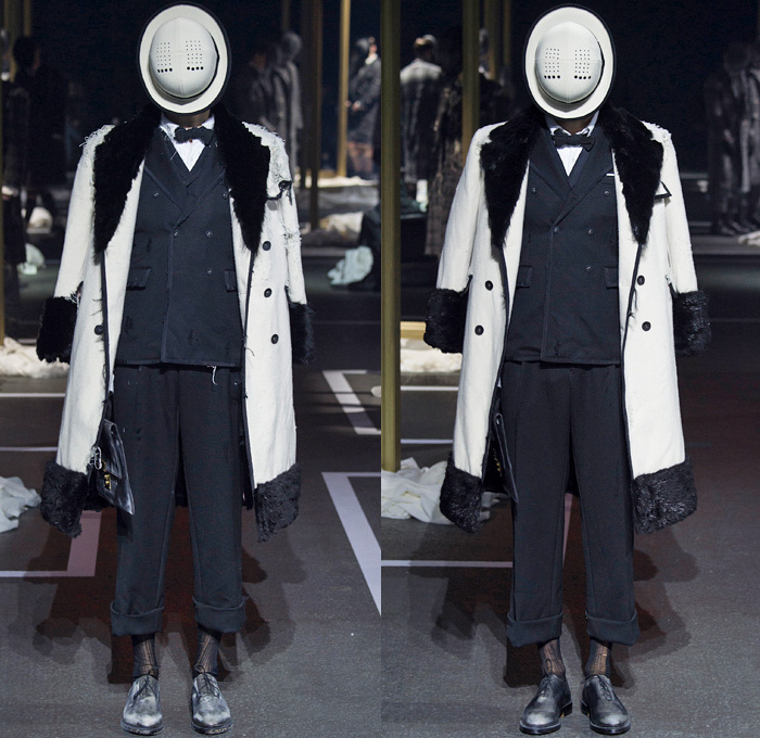 Thom Browne 2016-2017 Fall Autumn Winter Mens Runway Catwalk Looks - Mode à Paris Fashion Week Mode Masculine France - 1920s Twenties Gentlemens Club Outerwear Trench Coat Overcoat Bowler Hat Derby Felt Necktie Cropped Pants Trousers Furry Plush Quilted Frayed Raw Hem Tattered Threads Double-Breasted Plaid Tartan Check Patchwork Tweed Knit Weave Three-Piece Suit Blazer Dog Bag René Magritte Charlie Chaplin Gloves Luggage