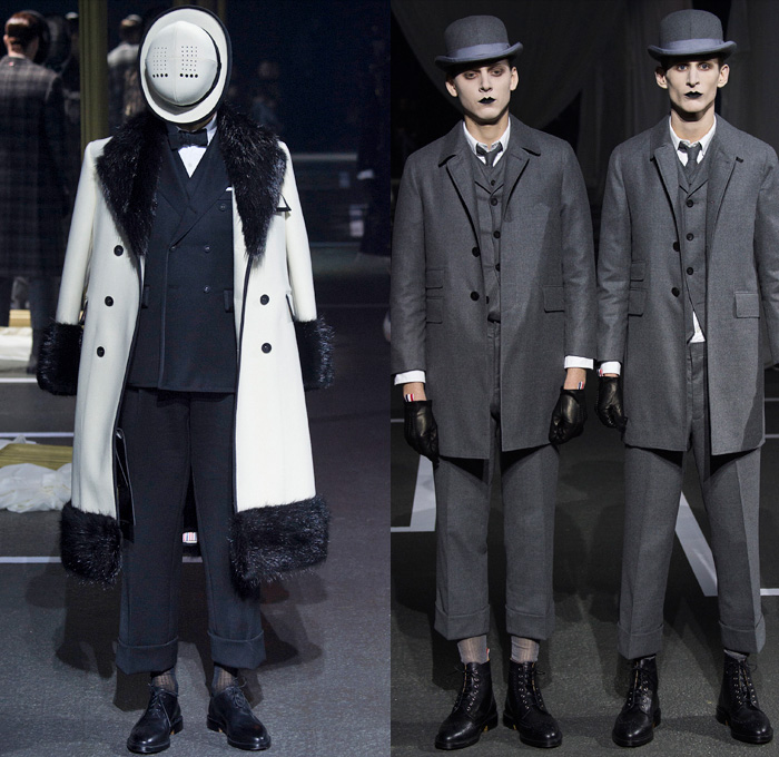 Thom Browne 2016-2017 Fall Autumn Winter Mens Runway Catwalk Looks - Mode à Paris Fashion Week Mode Masculine France - 1920s Twenties Gentlemens Club Outerwear Trench Coat Overcoat Bowler Hat Derby Felt Necktie Cropped Pants Trousers Furry Plush Quilted Frayed Raw Hem Tattered Threads Double-Breasted Plaid Tartan Check Patchwork Tweed Knit Weave Three-Piece Suit Blazer Dog Bag René Magritte Charlie Chaplin Gloves Luggage