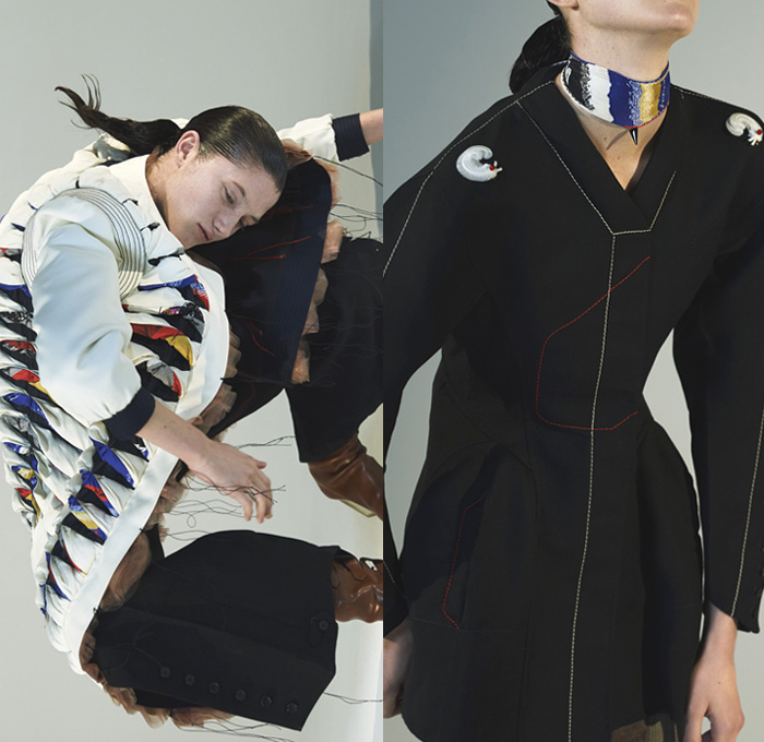 Thomas Tait 2016-2017 Fall Autumn Winter Womens Lookbook Presentation - Paris Fashion Week Mode à Paris France - Denim Jeans Boro Patchwork Quilted Frayed Raw Hem Threads Web Feet Flare Bell Bottom Outerwear Coat Boots Panels Buttons Deconstructed Cargo Pockets Velvet Leggings Blouse Sheer Tulle Choker