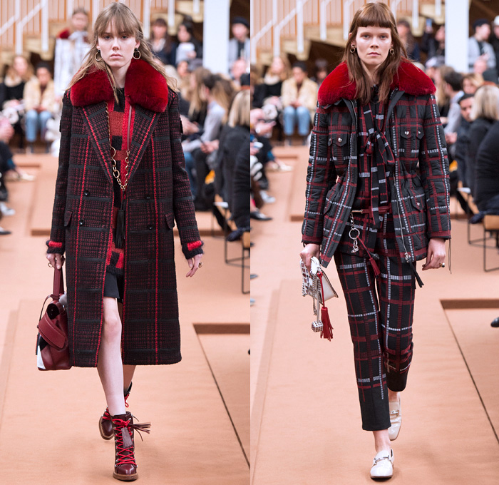 Tod's 2016-2017 Fall Autumn Winter Womens Runway Catwalk Collection Looks - Milan Fashion Week Milano Moda Donna Italy - Chunky Knit Sweaterdress Accordion Pleats Plaid Tartan Check Skirt Tassels Fringes Cross Stitch V-Neck Furry Embroidery Bedazzled Gold Metallic Motorcycle Biker Leather Rabbit's Foot Outerwear Coat Wool Quilted Waffle Cargo Pockets Bomber Jacket Blouse Pantsuit Straps Belts Handbag Loafers Moccasins