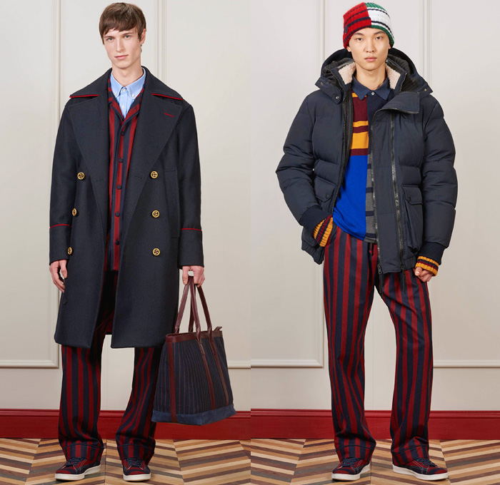 Tommy Hilfiger 2016-2017 Fall Autumn Winter Mens Lookbook Presentation - New York Fashion Week Mens NYFW - Heritage Classics Military Outerwear Coat Preppy Nautical Rugby Rugby Sweater Khaki Explorer Pants Trousers Lounge Parka Quilted Puffer Chunky Knit Sweater Toggle Closure Shearling Leather Suit Blazer Pinstripe Tuxedo Jacket Tote Bag