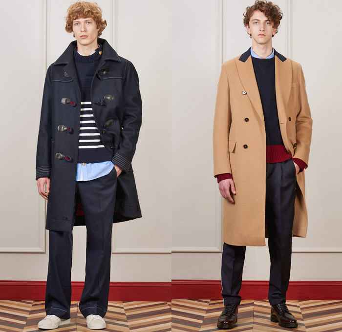 Tommy Hilfiger 2016-2017 Fall Autumn Winter Mens Lookbook Presentation - New York Fashion Week Mens NYFW - Heritage Classics Military Outerwear Coat Preppy Nautical Rugby Rugby Sweater Khaki Explorer Pants Trousers Lounge Parka Quilted Puffer Chunky Knit Sweater Toggle Closure Shearling Leather Suit Blazer Pinstripe Tuxedo Jacket Tote Bag