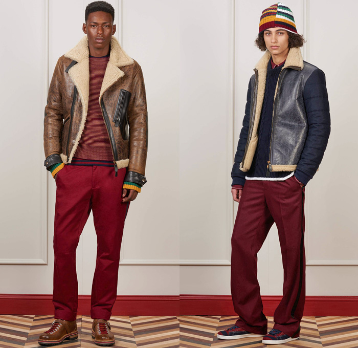 Tommy Hilfiger 2016-2017 Fall Autumn Winter Mens Lookbook Presentation - New York Fashion Week Mens NYFW - Heritage Classics Military Outerwear Coat Preppy Nautical Rugby Rugby Sweater Khaki Explorer Pants Trousers Lounge Parka Quilted Puffer Chunky Knit Sweater Toggle Closure Shearling Leather Suit Blazer Pinstripe Tuxedo Jacket Tote Bag