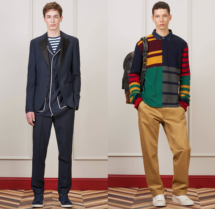 Tommy Hilfiger 2016-2017 Fall Autumn Winter Mens Lookbook Presentation - New York Fashion Week Mens NYFW - Heritage Classics Military Outerwear Coat Preppy Nautical Rugby Rugby Sweater Khaki Explorer Pants Trousers Lounge Parka Quilted Puffer Chunky Knit Sweater Toggle Closure Shearling Leather Suit Blazer Pinstripe Tuxedo Jacket Tote Bag