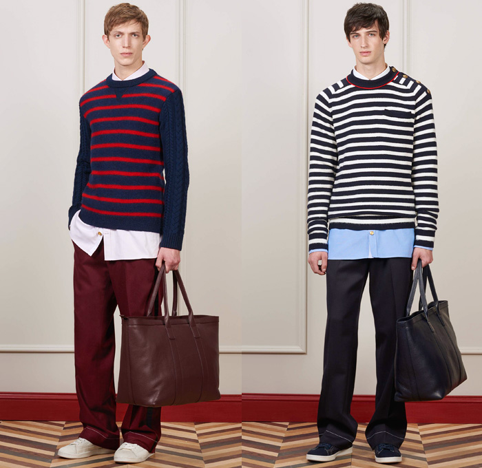 Tommy Hilfiger 2016-2017 Fall Autumn Winter Mens Lookbook Presentation - New York Fashion Week Mens NYFW - Heritage Classics Military Outerwear Coat Preppy Nautical Rugby Rugby Sweater Khaki Explorer Pants Trousers Lounge Parka Quilted Puffer Chunky Knit Sweater Toggle Closure Shearling Leather Suit Blazer Pinstripe Tuxedo Jacket Tote Bag