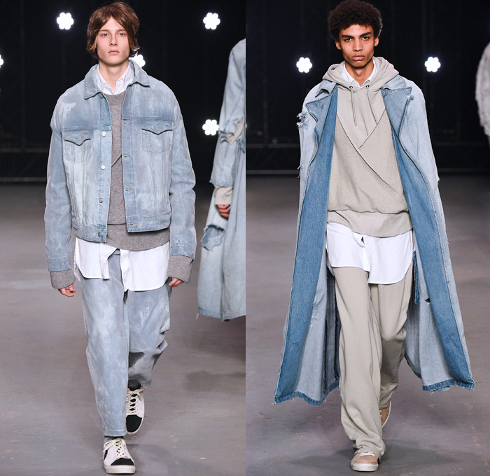 Topman Design 2016-2017 Fall Autumn Winter Mens Runway Catwalk Looks - London Collections Men British Fashion United Kingdom - Hogwarts Frayed Raw Hem Destroyed Denim Jeans Streetwear Skater Cargo Pockets Wrap Velvet Oversized Outerwear Coat Shearling Shirt Robe Knit Cap Beanie Sleepwear Pajamas Loungewear Turtleneck Knit Sweater Silk Satin Jacket Zigzag Furry Flowers Floral Suit Blazer Wool Bomber Jacket