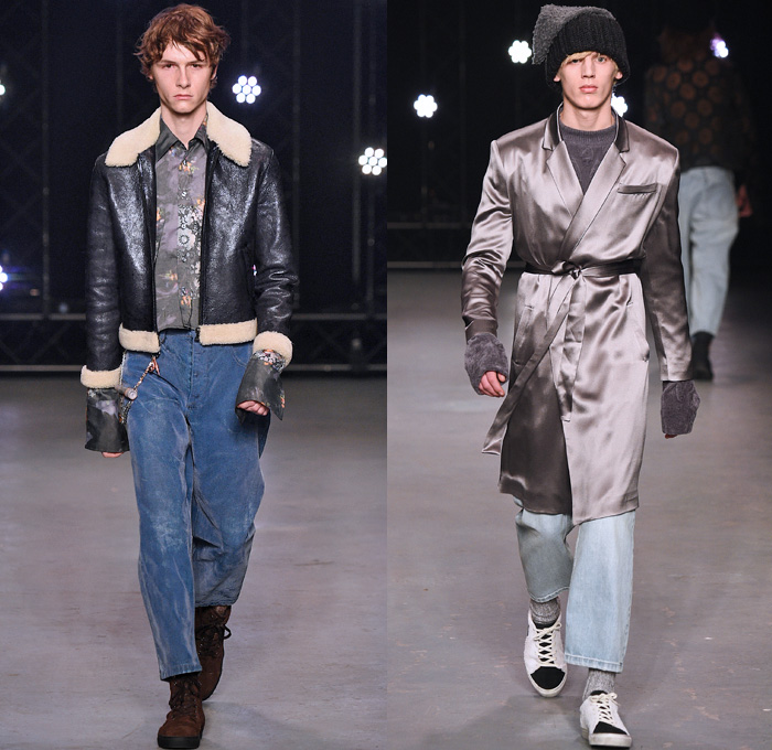 Topman Design 2016-2017 Fall Autumn Winter Mens Runway Catwalk Looks - London Collections Men British Fashion United Kingdom - Hogwarts Frayed Raw Hem Destroyed Denim Jeans Streetwear Skater Cargo Pockets Wrap Velvet Oversized Outerwear Coat Shearling Shirt Robe Knit Cap Beanie Sleepwear Pajamas Loungewear Turtleneck Knit Sweater Silk Satin Jacket Zigzag Furry Flowers Floral Suit Blazer Wool Bomber Jacket