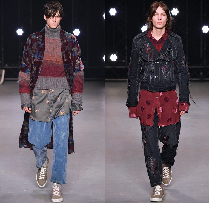 Topman Design 2016-2017 Fall Autumn Winter Mens Runway Catwalk Looks - London Collections Men British Fashion United Kingdom - Hogwarts Frayed Raw Hem Destroyed Denim Jeans Streetwear Skater Cargo Pockets Wrap Velvet Oversized Outerwear Coat Shearling Shirt Robe Knit Cap Beanie Sleepwear Pajamas Loungewear Turtleneck Knit Sweater Silk Satin Jacket Zigzag Furry Flowers Floral Suit Blazer Wool Bomber Jacket