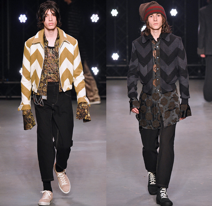 Topman Design 2016-2017 Fall Autumn Winter Mens Runway Catwalk Looks - London Collections Men British Fashion United Kingdom - Hogwarts Frayed Raw Hem Destroyed Denim Jeans Streetwear Skater Cargo Pockets Wrap Velvet Oversized Outerwear Coat Shearling Shirt Robe Knit Cap Beanie Sleepwear Pajamas Loungewear Turtleneck Knit Sweater Silk Satin Jacket Zigzag Furry Flowers Floral Suit Blazer Wool Bomber Jacket