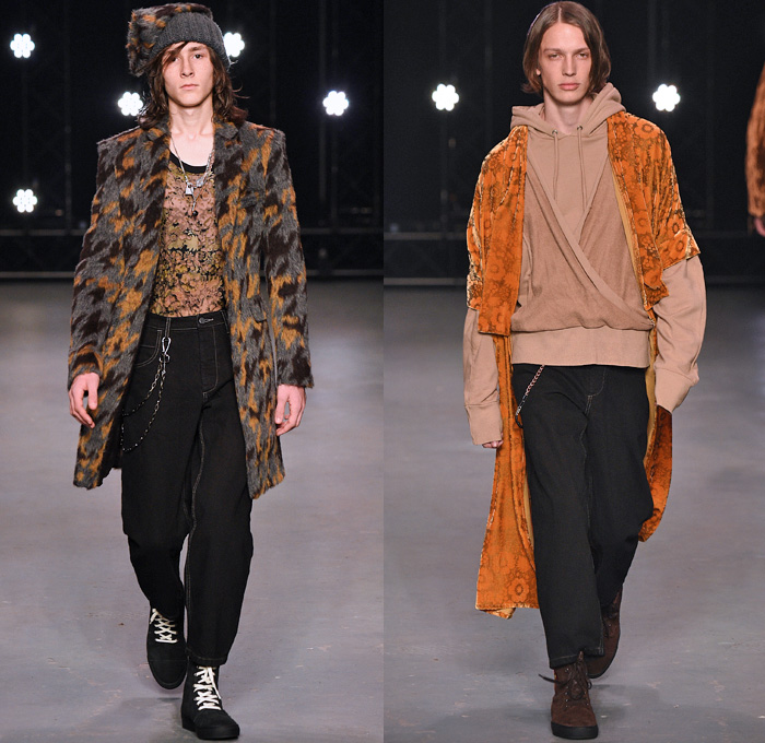 Topman Design 2016-2017 Fall Autumn Winter Mens Runway Catwalk Looks - London Collections Men British Fashion United Kingdom - Hogwarts Frayed Raw Hem Destroyed Denim Jeans Streetwear Skater Cargo Pockets Wrap Velvet Oversized Outerwear Coat Shearling Shirt Robe Knit Cap Beanie Sleepwear Pajamas Loungewear Turtleneck Knit Sweater Silk Satin Jacket Zigzag Furry Flowers Floral Suit Blazer Wool Bomber Jacket