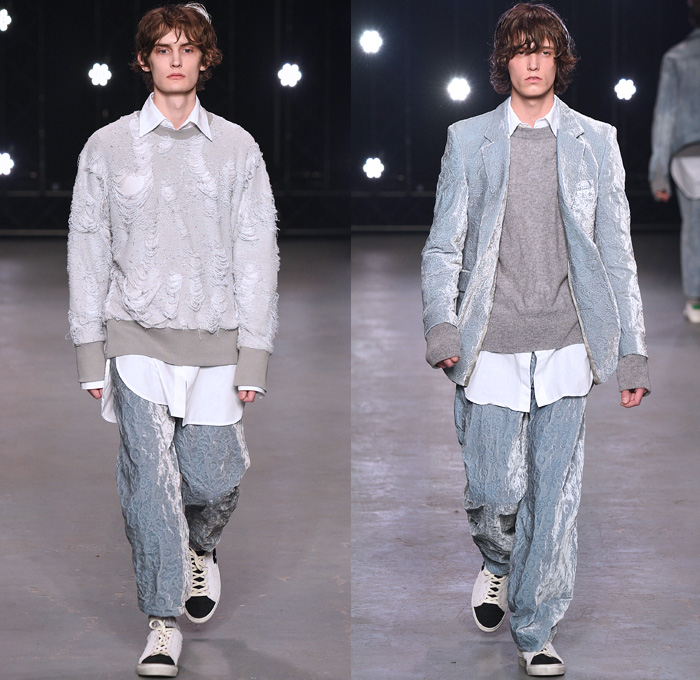 Topman Design 2016-2017 Fall Autumn Winter Mens Runway Catwalk Looks - London Collections Men British Fashion United Kingdom - Hogwarts Frayed Raw Hem Destroyed Denim Jeans Streetwear Skater Cargo Pockets Wrap Velvet Oversized Outerwear Coat Shearling Shirt Robe Knit Cap Beanie Sleepwear Pajamas Loungewear Turtleneck Knit Sweater Silk Satin Jacket Zigzag Furry Flowers Floral Suit Blazer Wool Bomber Jacket