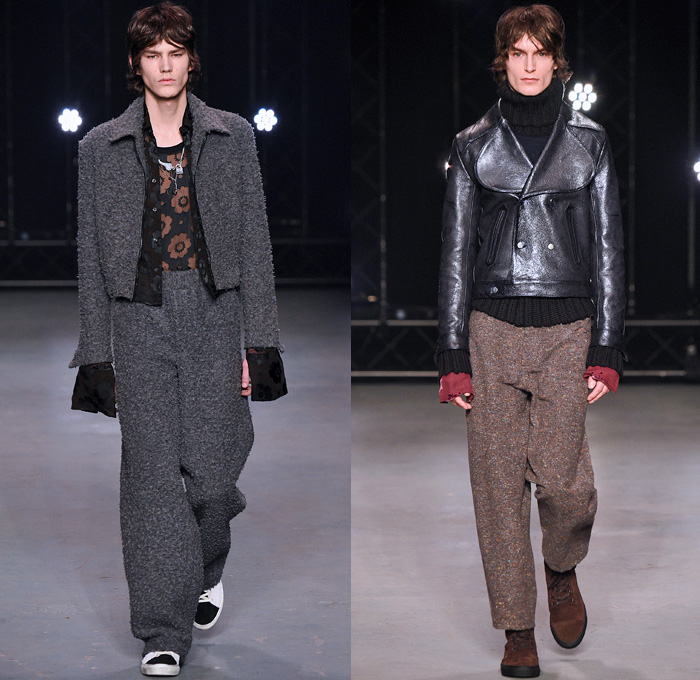 Topman Design 2016-2017 Fall Autumn Winter Mens Runway Catwalk Looks - London Collections Men British Fashion United Kingdom - Hogwarts Frayed Raw Hem Destroyed Denim Jeans Streetwear Skater Cargo Pockets Wrap Velvet Oversized Outerwear Coat Shearling Shirt Robe Knit Cap Beanie Sleepwear Pajamas Loungewear Turtleneck Knit Sweater Silk Satin Jacket Zigzag Furry Flowers Floral Suit Blazer Wool Bomber Jacket