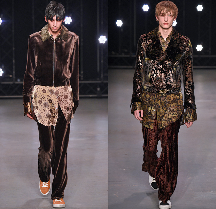 Topman Design 2016-2017 Fall Autumn Winter Mens Runway Catwalk Looks - London Collections Men British Fashion United Kingdom - Hogwarts Frayed Raw Hem Destroyed Denim Jeans Streetwear Skater Cargo Pockets Wrap Velvet Oversized Outerwear Coat Shearling Shirt Robe Knit Cap Beanie Sleepwear Pajamas Loungewear Turtleneck Knit Sweater Silk Satin Jacket Zigzag Furry Flowers Floral Suit Blazer Wool Bomber Jacket