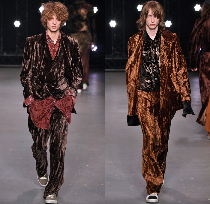 Topman Design 2016-2017 Fall Autumn Winter Mens Runway Catwalk Looks - London Collections Men British Fashion United Kingdom - Hogwarts Frayed Raw Hem Destroyed Denim Jeans Streetwear Skater Cargo Pockets Wrap Velvet Oversized Outerwear Coat Shearling Shirt Robe Knit Cap Beanie Sleepwear Pajamas Loungewear Turtleneck Knit Sweater Silk Satin Jacket Zigzag Furry Flowers Floral Suit Blazer Wool Bomber Jacket