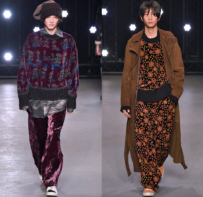 Topman Design 2016-2017 Fall Autumn Winter Mens Runway Catwalk Looks - London Collections Men British Fashion United Kingdom - Hogwarts Frayed Raw Hem Destroyed Denim Jeans Streetwear Skater Cargo Pockets Wrap Velvet Oversized Outerwear Coat Shearling Shirt Robe Knit Cap Beanie Sleepwear Pajamas Loungewear Turtleneck Knit Sweater Silk Satin Jacket Zigzag Furry Flowers Floral Suit Blazer Wool Bomber Jacket