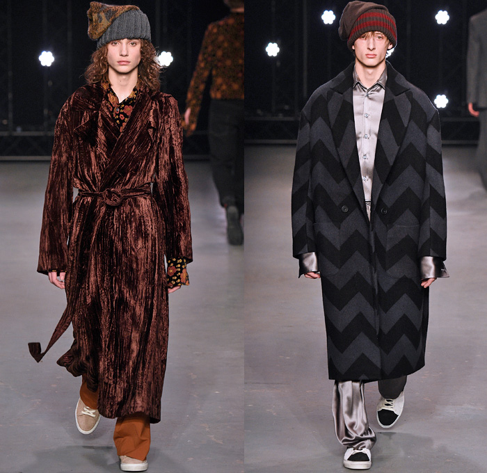 Topman Design 2016-2017 Fall Autumn Winter Mens Runway Catwalk Looks - London Collections Men British Fashion United Kingdom - Hogwarts Frayed Raw Hem Destroyed Denim Jeans Streetwear Skater Cargo Pockets Wrap Velvet Oversized Outerwear Coat Shearling Shirt Robe Knit Cap Beanie Sleepwear Pajamas Loungewear Turtleneck Knit Sweater Silk Satin Jacket Zigzag Furry Flowers Floral Suit Blazer Wool Bomber Jacket