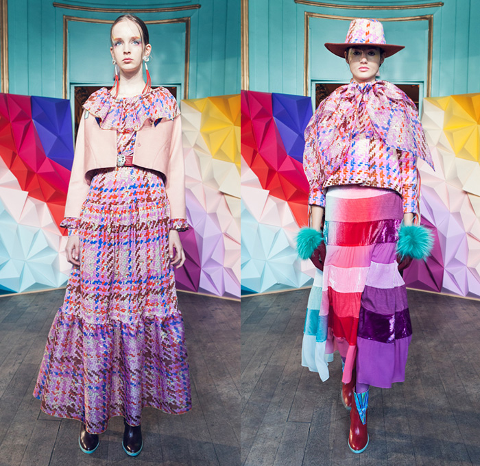 Tsumori Chisato 2016-2017 Fall Autumn Winter Womens Lookbook Presentation - Paris Fashion Week Mode à Paris France - Denim Jeans Diamonds Jacquard Beads Metallic Stones Doily Fringes Stars Hat Skirt Frock Embroidery Bedazzled Sequins Knit Sweater Jumper Turtleneck Wide Leg Trousers Furry Shaggy Outerwear Coat Stripes Pussycat Bow Blouse Tweed Bell Sleeves Stockings Zigzag Lace Flapper Dress Noodle Strap 1970s Seventies