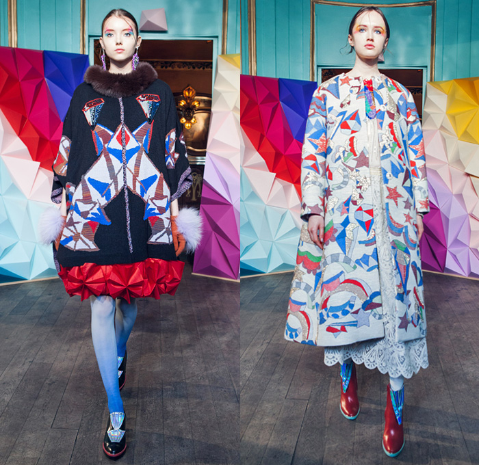 Tsumori Chisato 2016-2017 Fall Autumn Winter Womens Lookbook Presentation - Paris Fashion Week Mode à Paris France - Denim Jeans Diamonds Jacquard Beads Metallic Stones Doily Fringes Stars Hat Skirt Frock Embroidery Bedazzled Sequins Knit Sweater Jumper Turtleneck Wide Leg Trousers Furry Shaggy Outerwear Coat Stripes Pussycat Bow Blouse Tweed Bell Sleeves Stockings Zigzag Lace Flapper Dress Noodle Strap 1970s Seventies